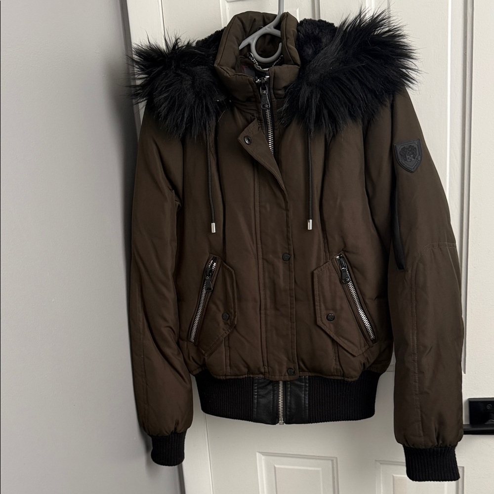 Vince Camuto Brown/ Green color Puffer Jacket with Black Faux Fur